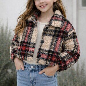 ZARA Girls Plaid Sherpa Teddy Jacket Size 6-7 Cozy Button Front Coat